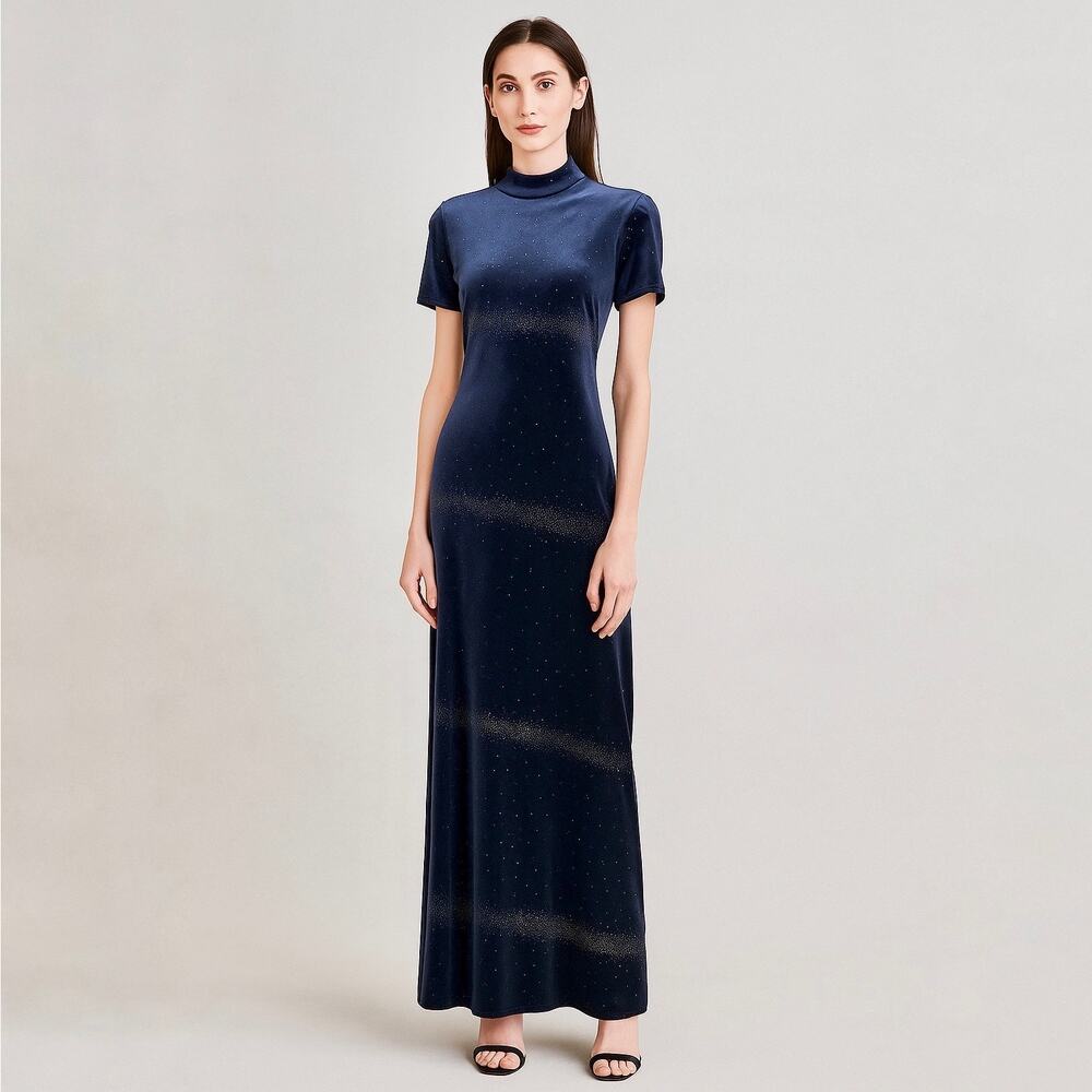 Jessica Howard‎ 90s blue mock neck short sleeve sheath maxi dress sparkle Small